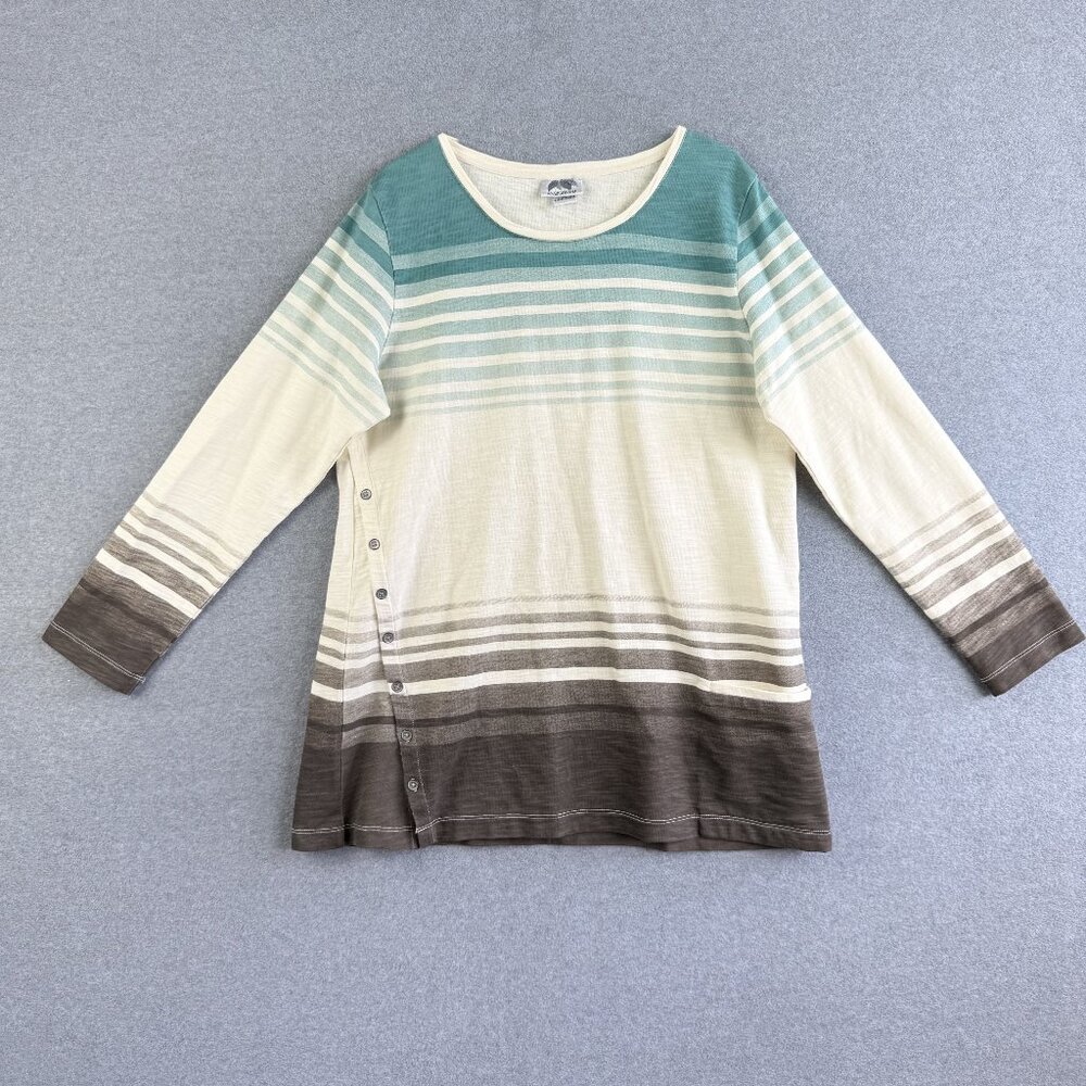 Wild Palms Cotton Striped Button Tunic Top Teal Brown Cream XL Long Sleeve